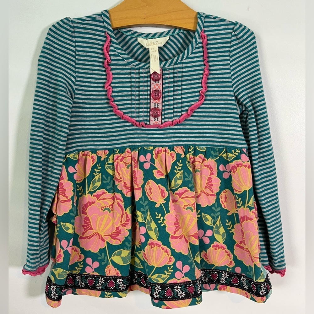 Matilda Jane Tunic Size 4 | Floral Stripe Hearts Ruffles